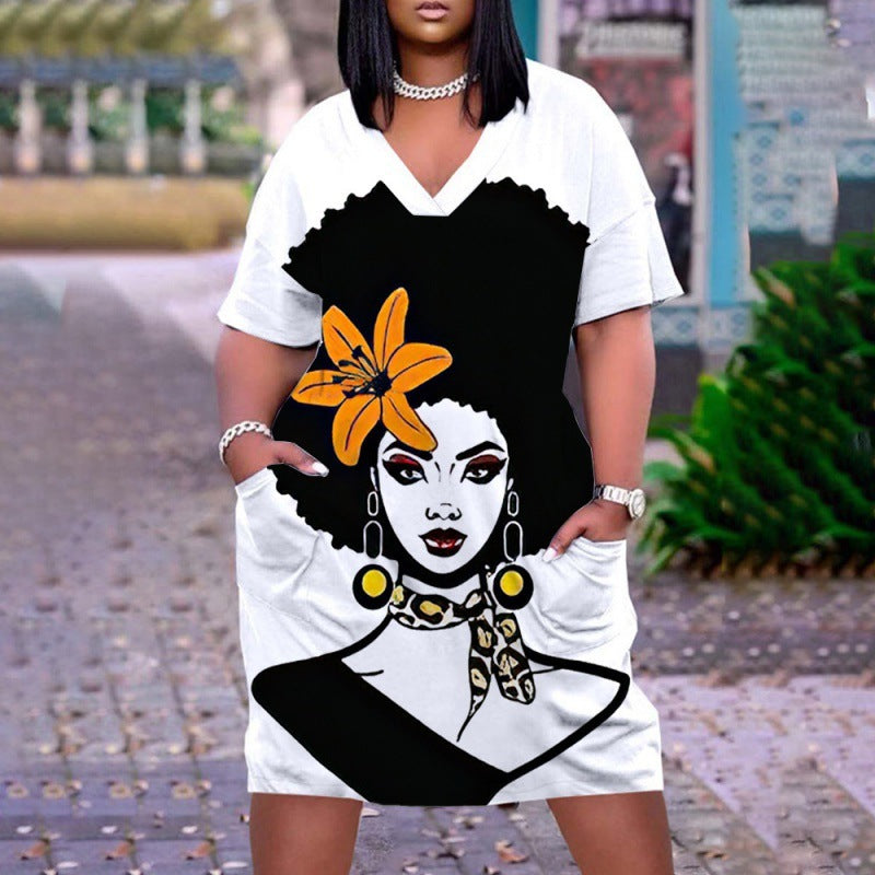 Women's Multicolor Human Avatar Printed V-Neck Long Sleeve Mid-Length Dress