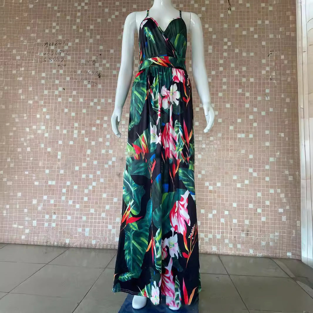 Women's Casual Vacation Loose Flower Printed V-Neck Camisole Dress