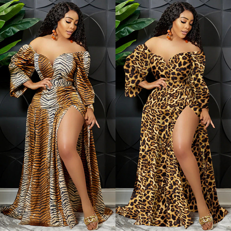 Women's Plus Size Leopard Tiger Printed V-Neck Off Shoulder Irregular Maxi Dress