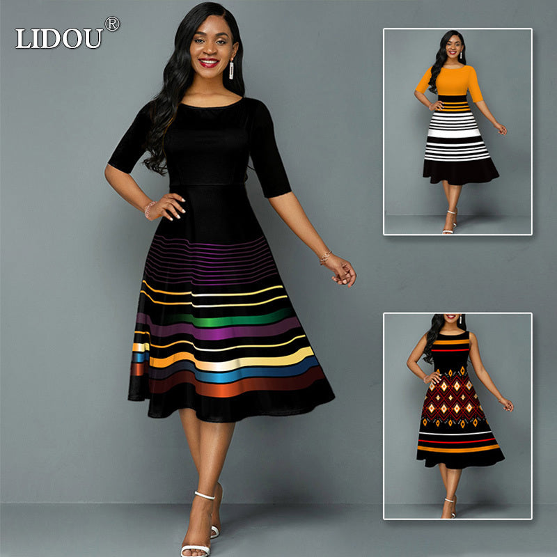 Women's Round Neck Short Sleeves Stripe Color Blocking Summer Swing Dress