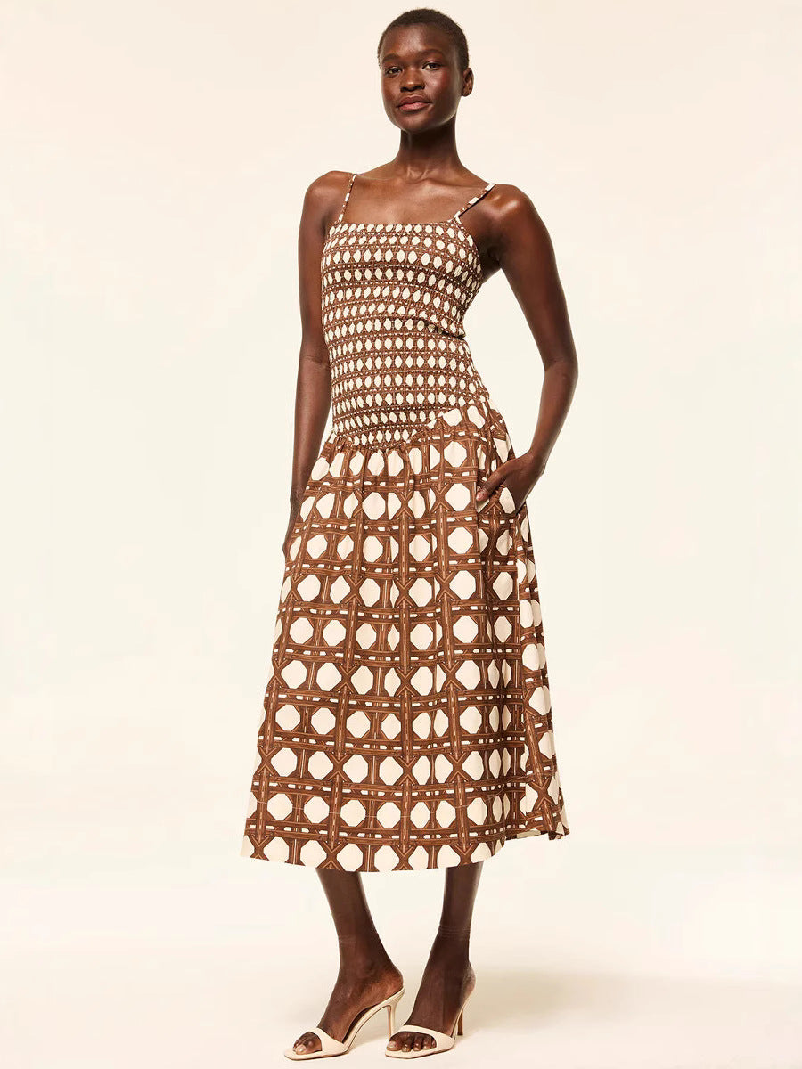 Women's Summer Vacation Style Printed Sling Midi Dress