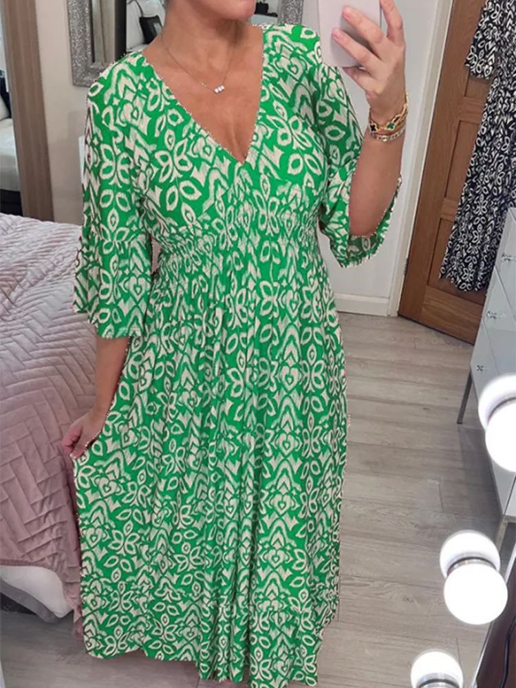 Women's Casual V-Neck Tiny Flower Print Maxi Dress