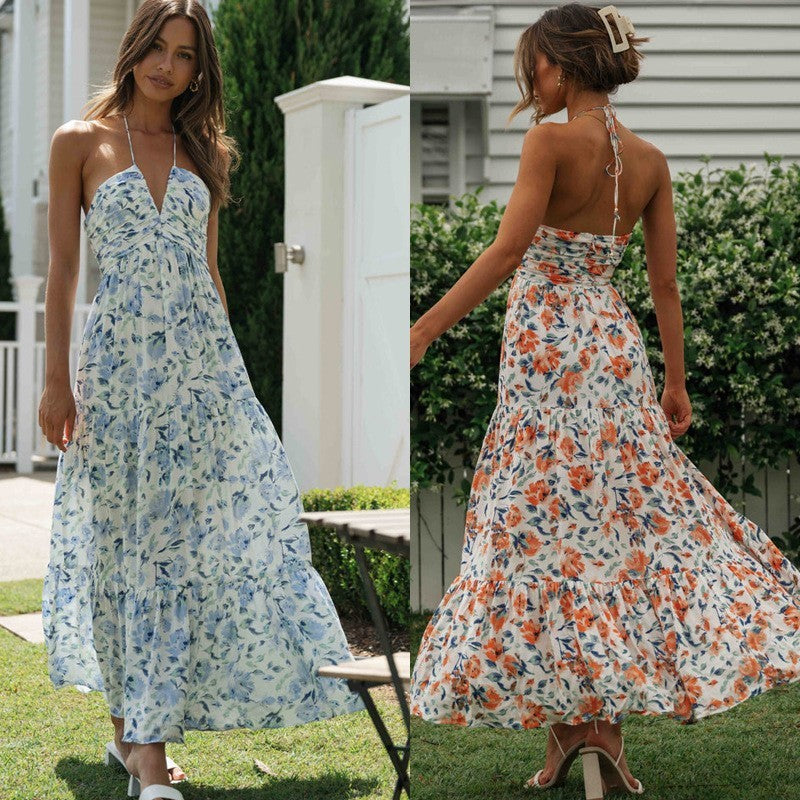 Women's Vacation Casual Backless Maxi Dress, with Tiny