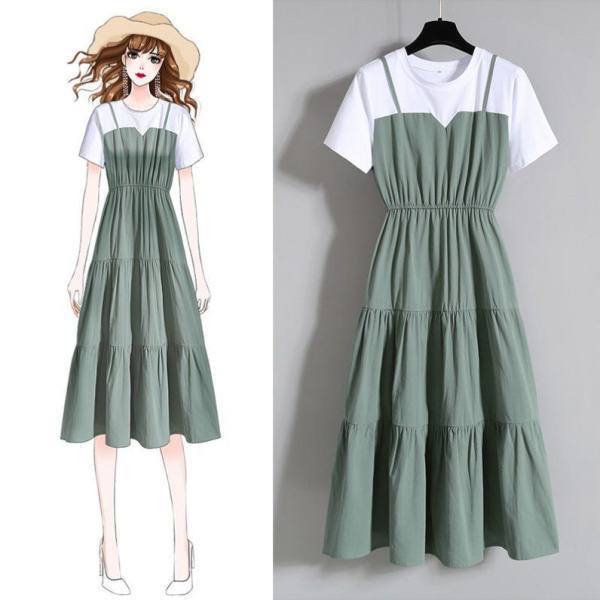 Women's Summer Fake Two-Piece Long Ruffled Short Sleeve Dress