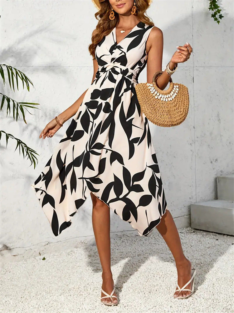 Women's Casual Printed Sleeveless V-Neck Irregular Dress