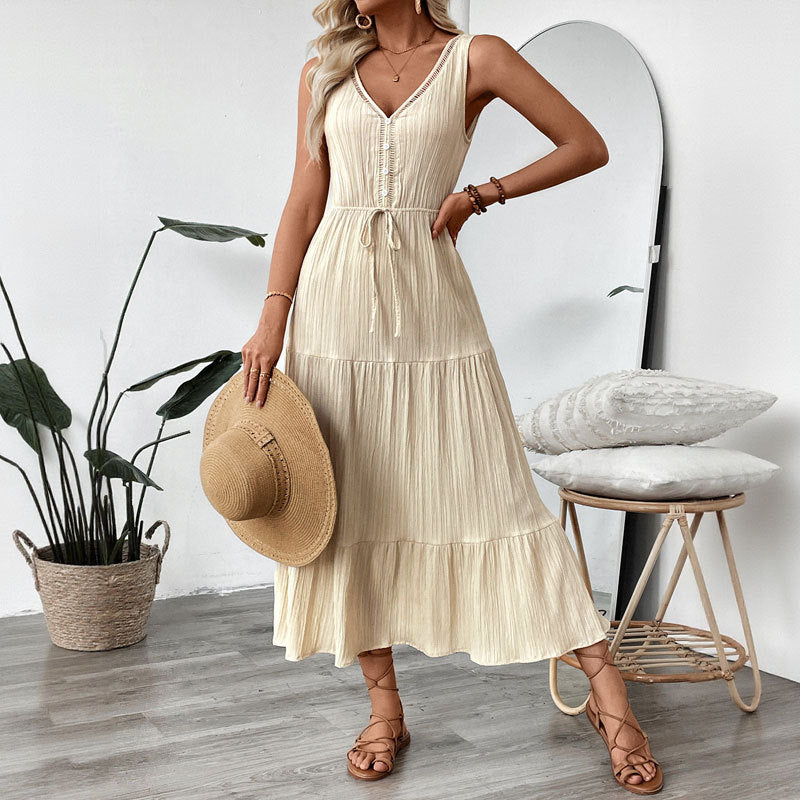 Women's Casual Solid Color V-Neck Sleeveless Loose Dress
