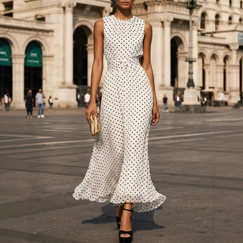 Women's Casual Spring Polka Dots Printed Sleeveless A-Line Dress