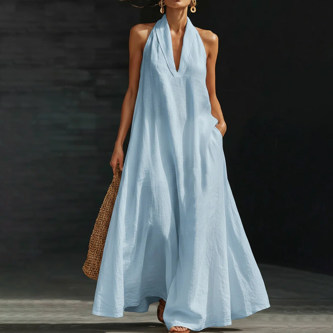 Women's Casual Summer Solid Color V-Neck Halter-Neck Loose Dress