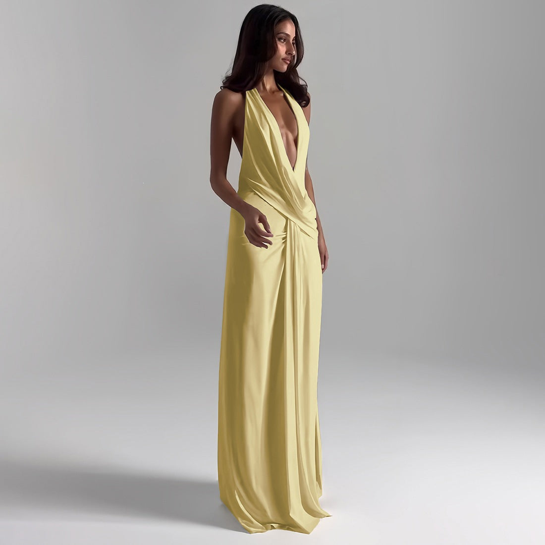 Women's Sexy Solid Color Backless V-Neck Side Slit Maxi Dress