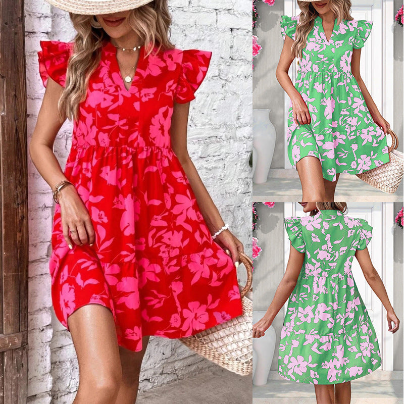 Summer Vacation Bohemian Style Women Casual Flower Motion Ruffle Midi Dress
