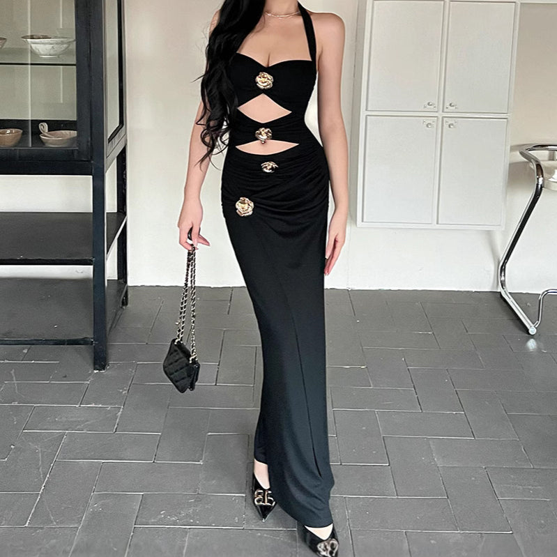 Women's Elegant Metal Button Hollow Neck Bodycon Maxi Dress