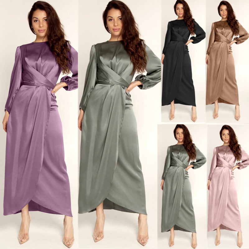 Women's Elegant Basic Long Sleeves Solid Color Satin Maxi Dress