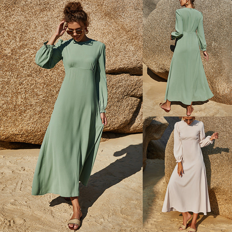 Women's Solid Color Round Neck Long Sleeve Defined Waist Chiffon Maxi Dress