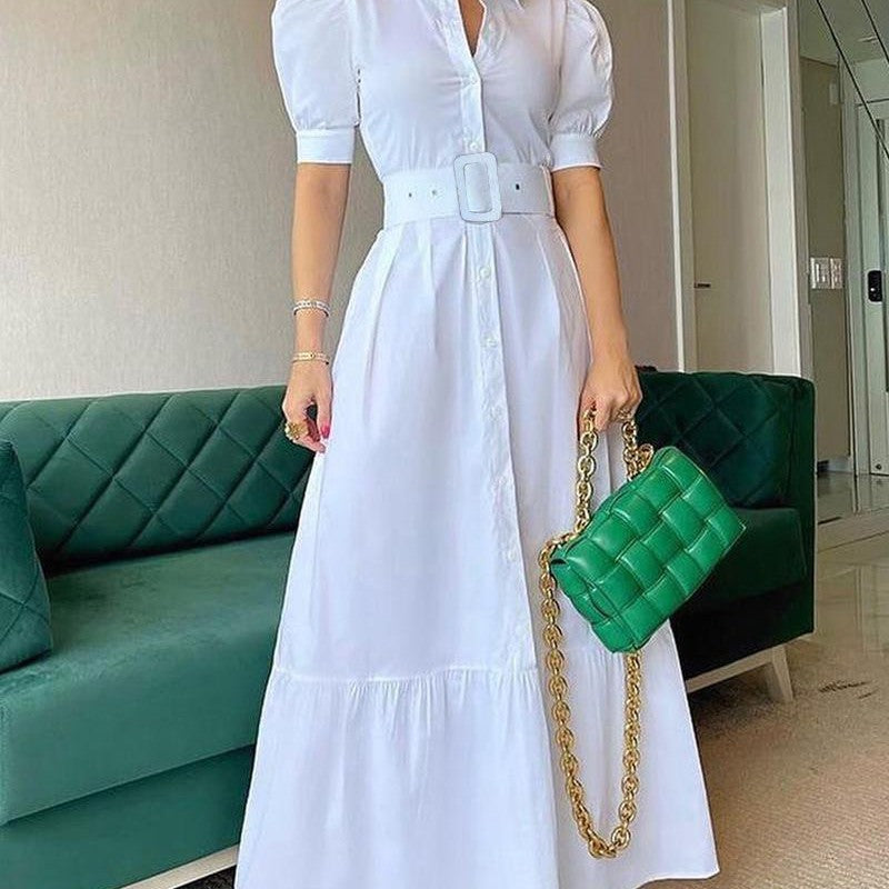 Women's Casual Solid Color Midi Dress, with Belt