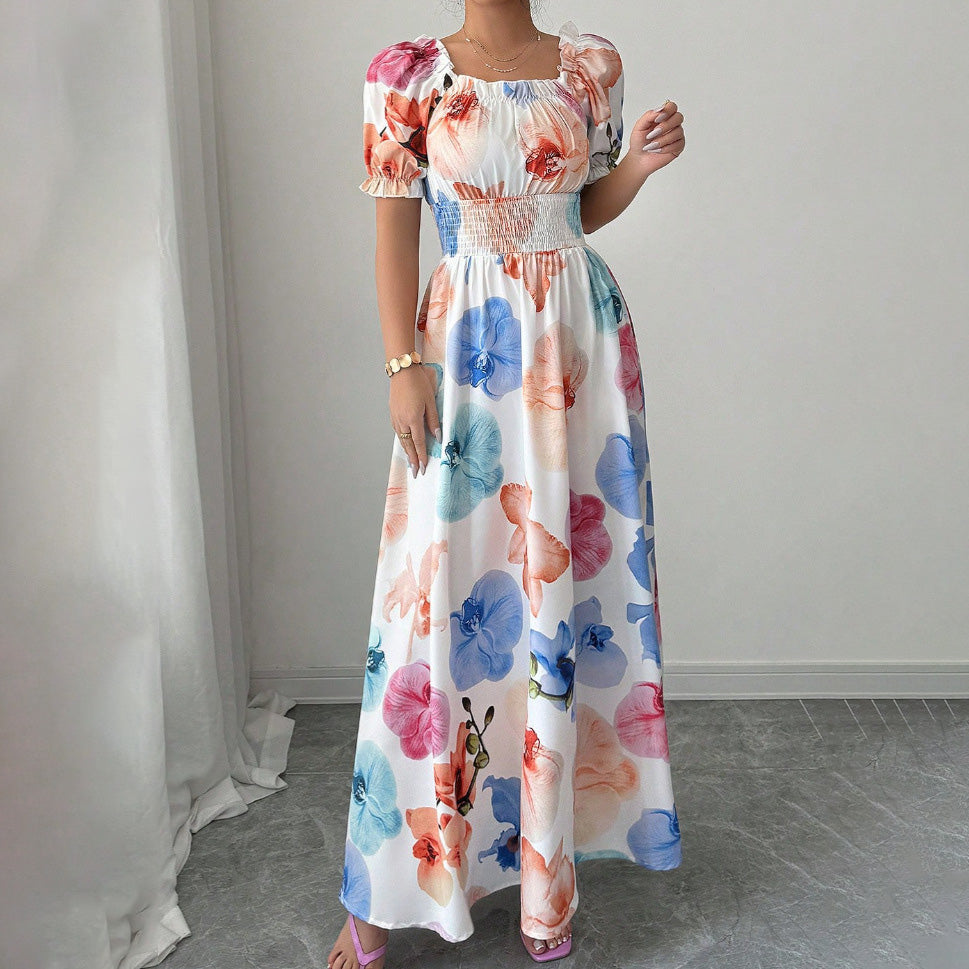 Women's Elegant Floral Printed Bubble Sleeve Square Neck Loose Dress