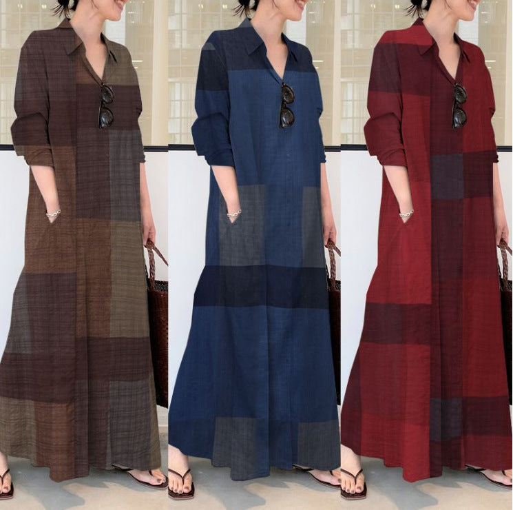 Women's Casual Loose Plaid Print Long Sleeve Shirt Maxi Dress