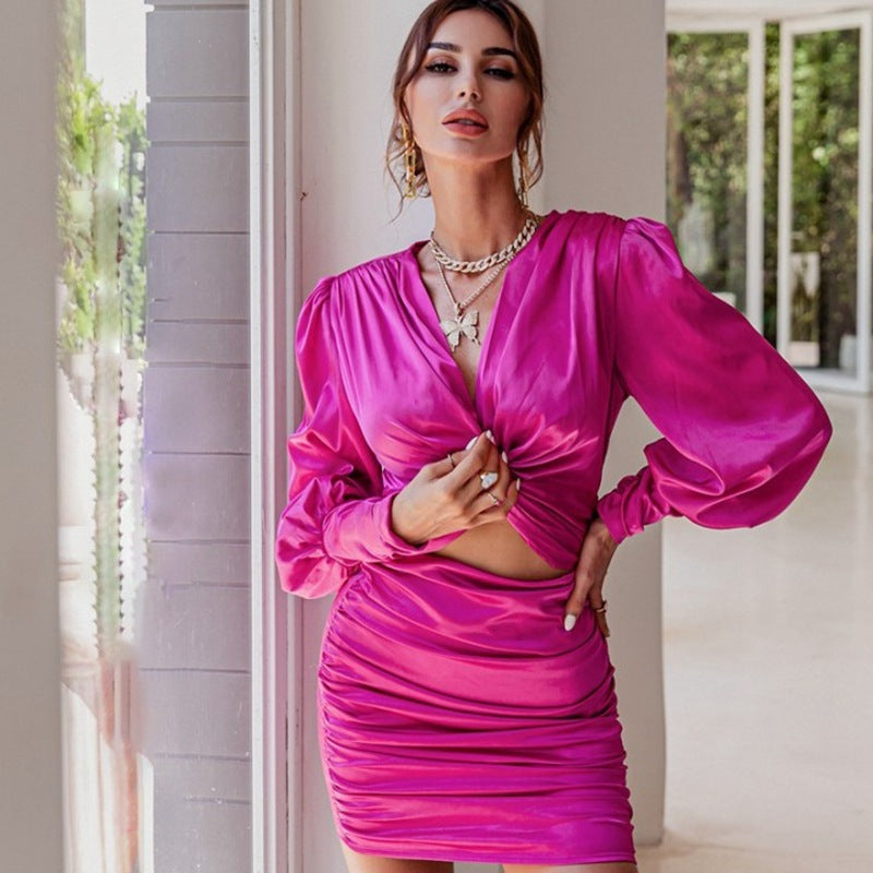Women's Elegant Solid Satin Long Sleeve Knotted Cut Out Sweet Dating Dress