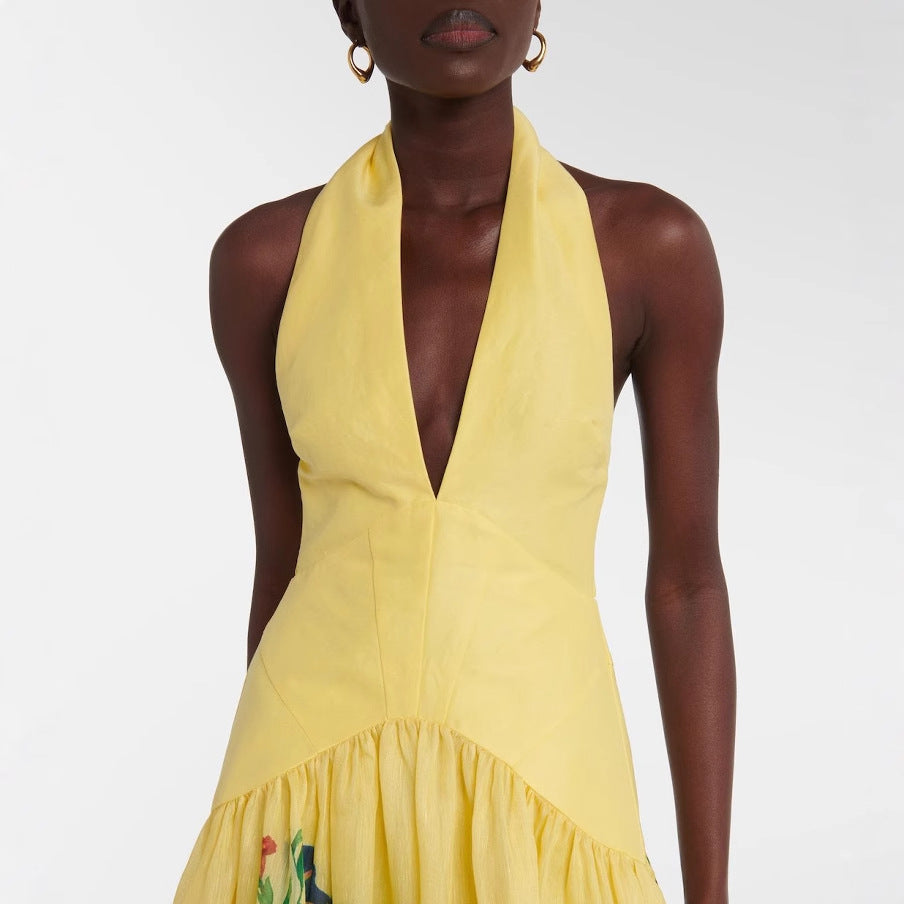 Women's Sexy Printed Deep V-Neck Halter Backless Maxi Dress