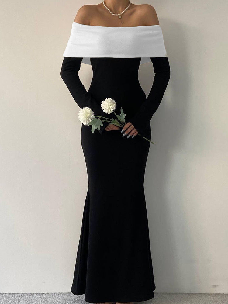 Women's Color Contrast Shoulder Long Sleeve Bodycon Maxi Dress
