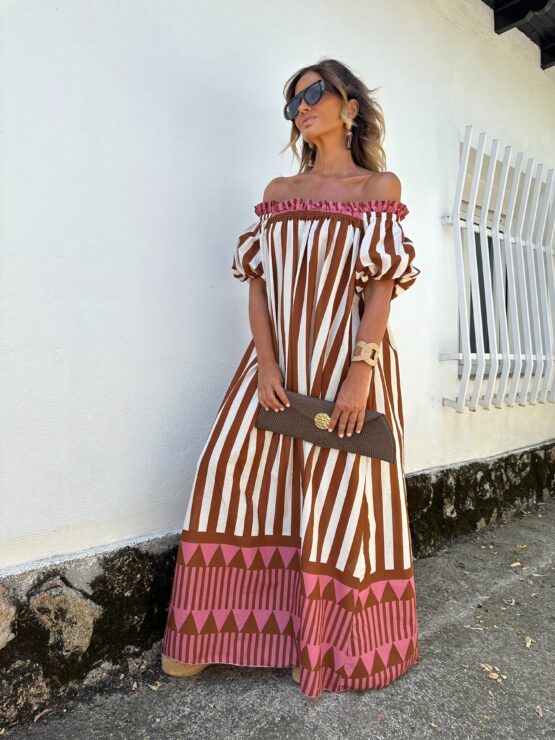 Women's Casual Summer Stripe Print Off-The-Shoulder Puff Sleeve Loose Long Dress
