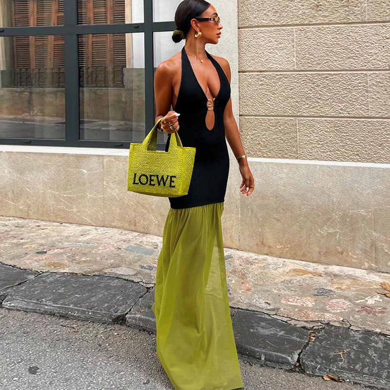 Women's Sexy Deep V-Neck Backless Lace-Up Maxi Dress