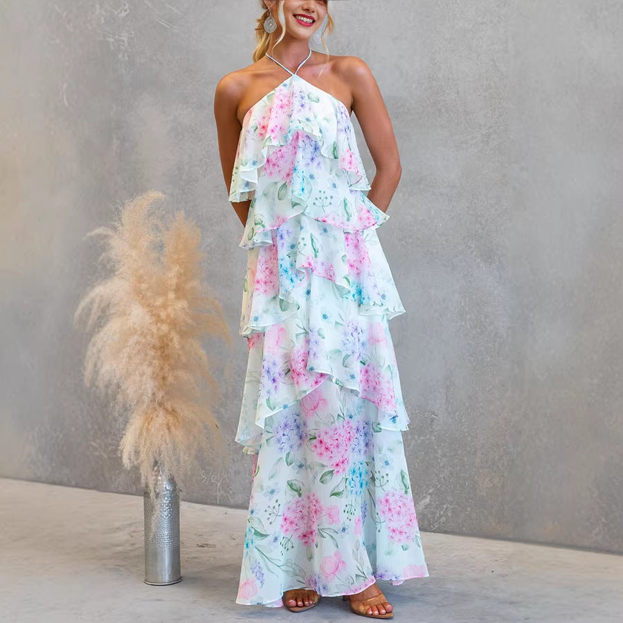 Women's Sexy Boho Vacation Chiffon Print Halter-Neck Lace-Up Dress