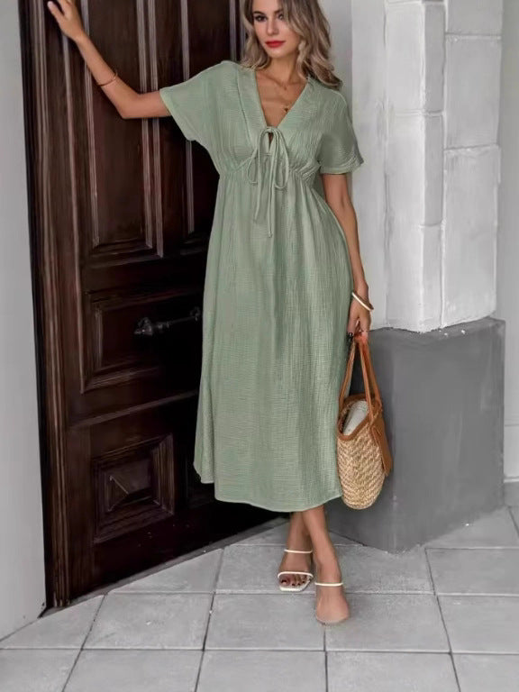 Women's Casual Summer Solid Color V-Neck Short Sleeve Loose A-Line Dress