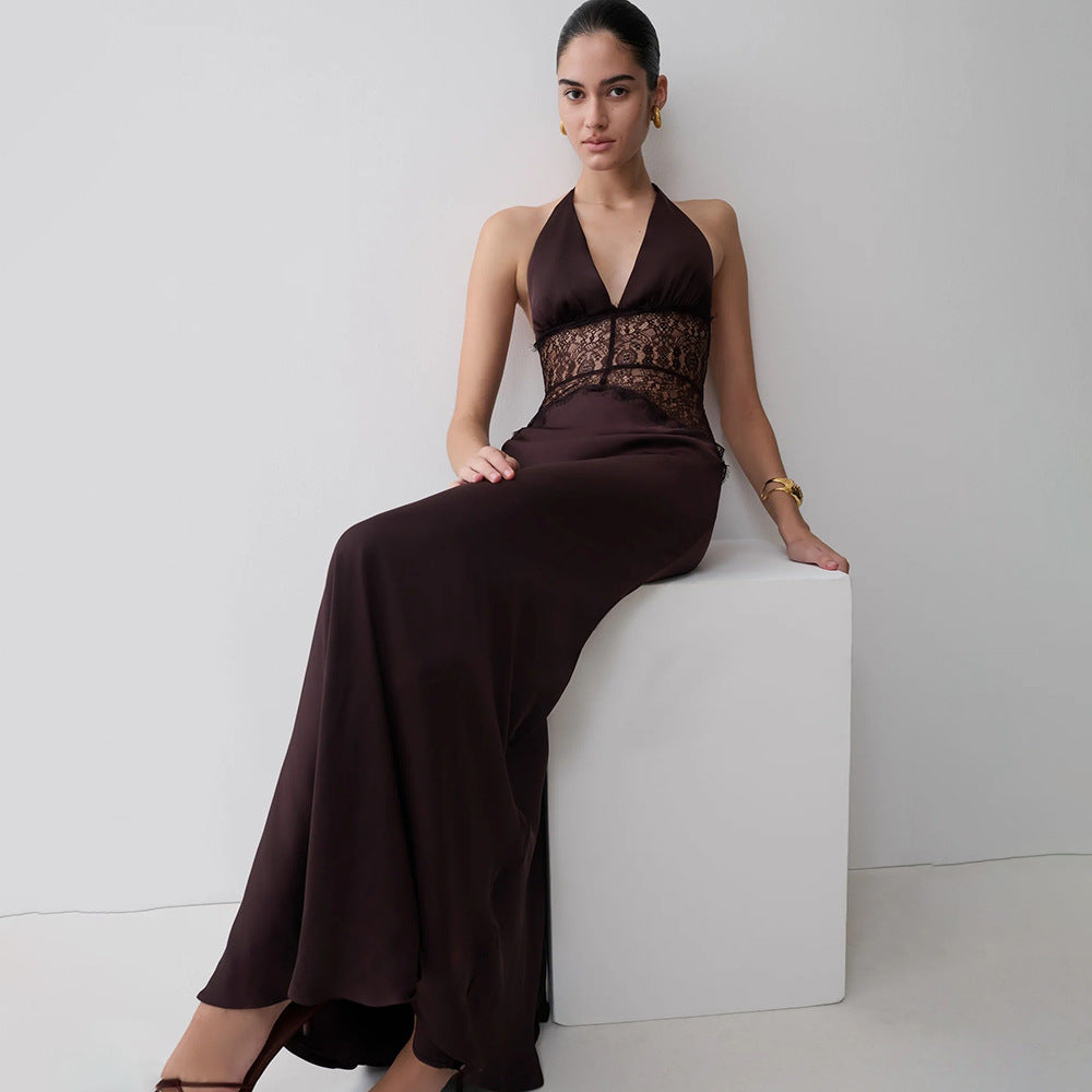 Women's Elegant Deep V-Neck Lace-Stitch Maxi Dress