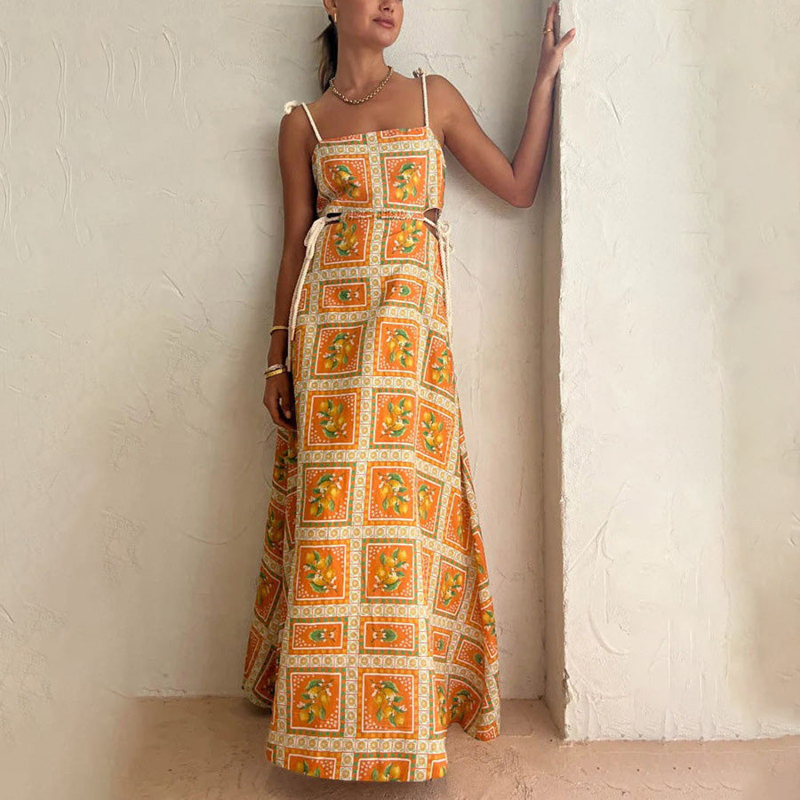 Women's Casual Vacation Printed Hollow-Out Spaghetti Strap Drawstring Dress