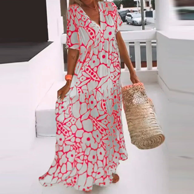 Women's Summer Casual Geometric Print Deep V Maxi Dress
