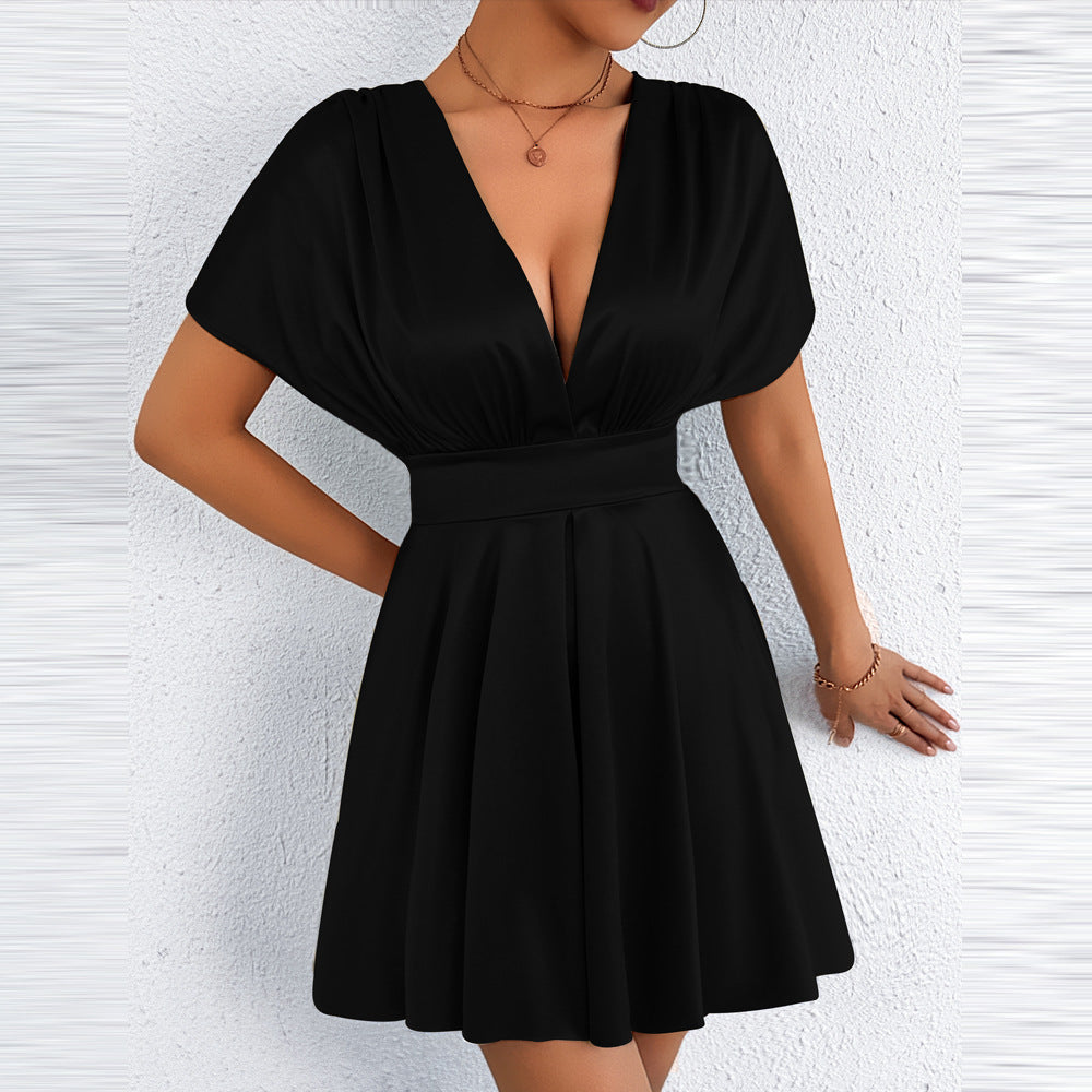 Women's Elegant Solid Color V-Neck Short Sleeve Waist A-Line Dress