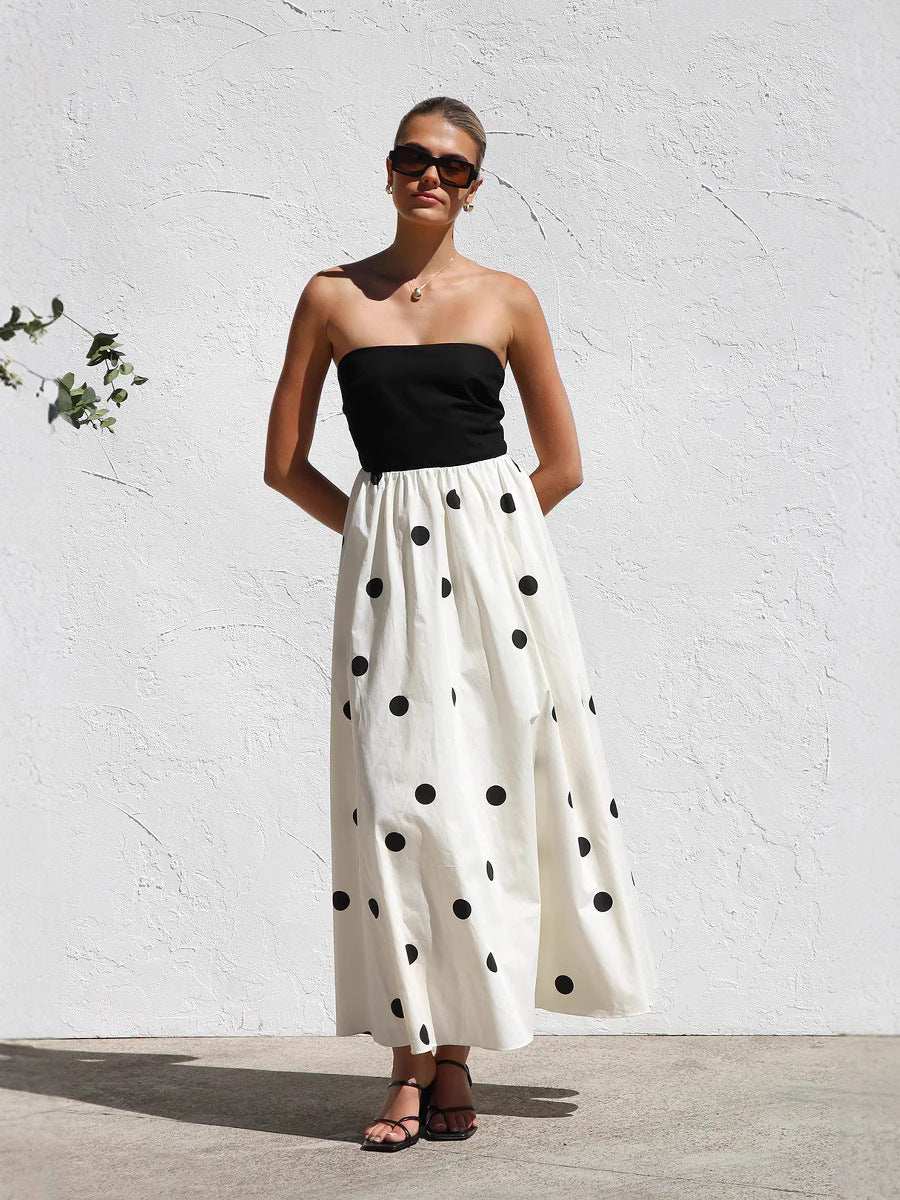 Women's Wave Dot Printing Stitching Tube Top Temperament Maxi Dress