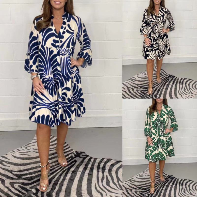 Women's Casual Boho Graphic Print V-Neck Loose Shirt Dress
