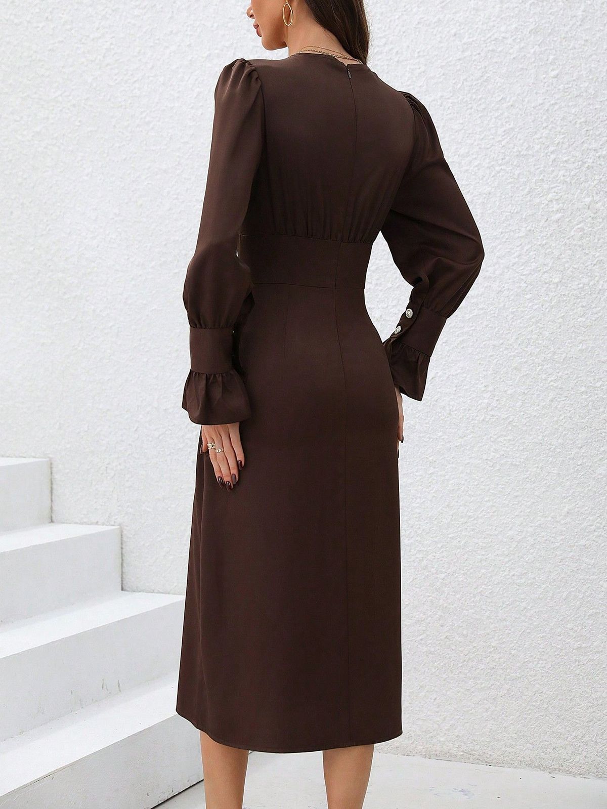 Women's Elegant V-Neck Long Sleeve Solid Color Midi Dress