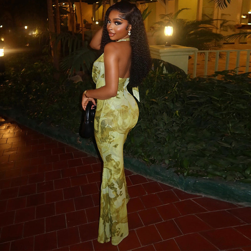 Women's Sexy Printed Backless Cowl Neck Bodycon Maxi Dress