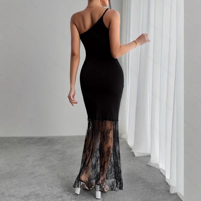 Women's Sexy Lace Splice Slanted Shoulder Sleeveless Maxi Dress