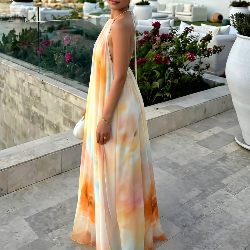 Women's Printed Halter-Neck Backless Loose Dress