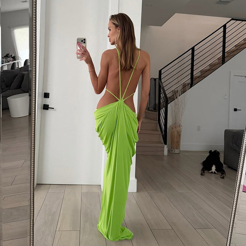 Women's Solid Color Sleeveless Strap Hollow-Out Backless Pleated Fit Dress