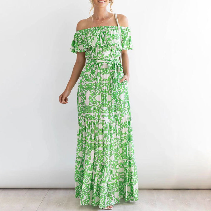 Women's Summer Printed Off-Shoulder Short Sleeve Ruffle Long Dress