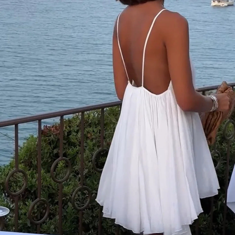 Women's Sexy Vacation Pleated Backless V-Neck Sleeveless Camisole Midi Dress