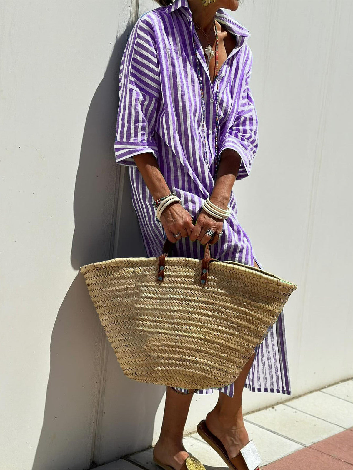 Women's Casual Lapel Stripe Shirt Split Midi Dress