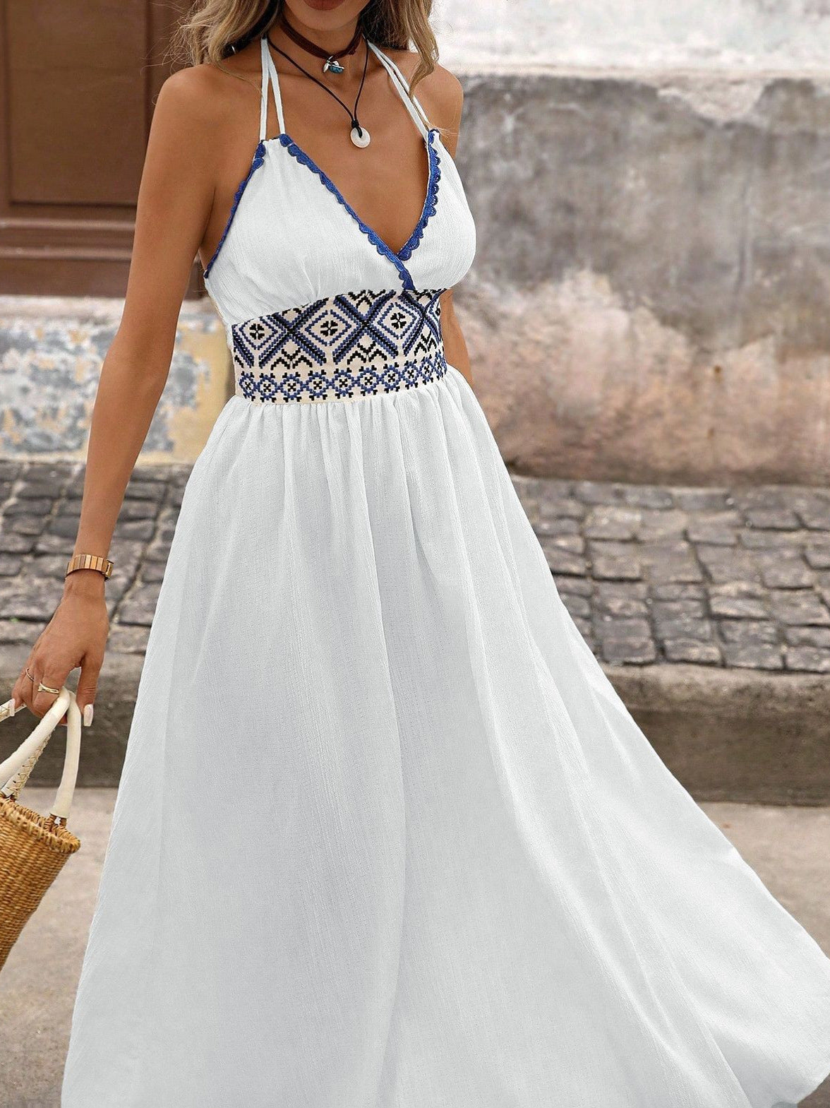 Women's Boho Vacation Geometric Jacquard V-Neck Spaghetti Strap Backless Dress