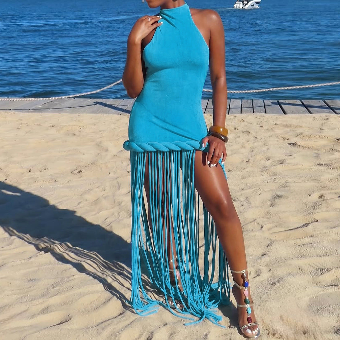 Women's Sexy Solid Color Halter-Neck Backless Tassel Dress