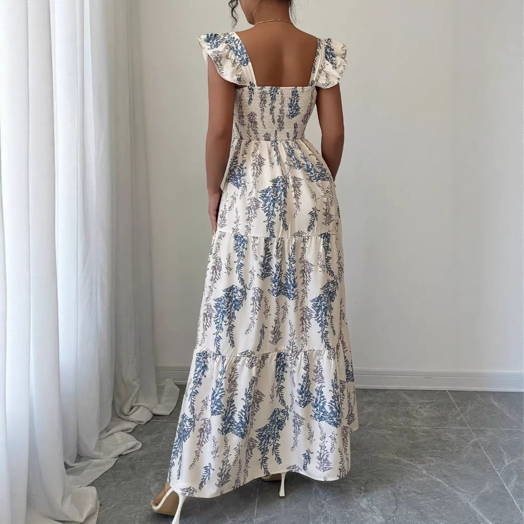 Women's Summer Flower Printed Square-Neck Short Sleeve Tight Waist Long Dress