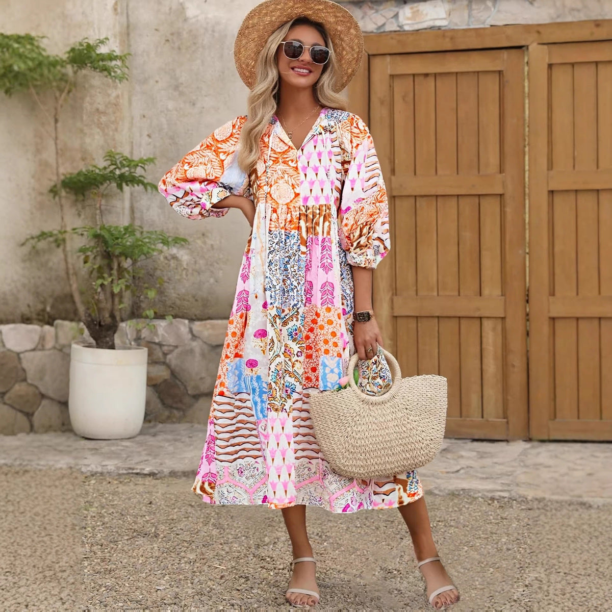 Women's Casual Boho Vcacation Printed V-Neck Short Sleeve Loose Dress