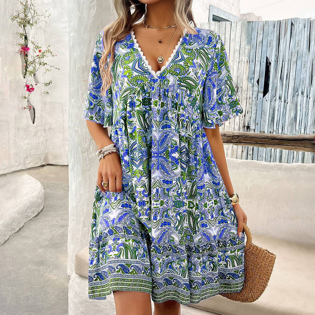 Women's Casual Boho Vacation Printed V-Neck Short Sleeve Loose Dress