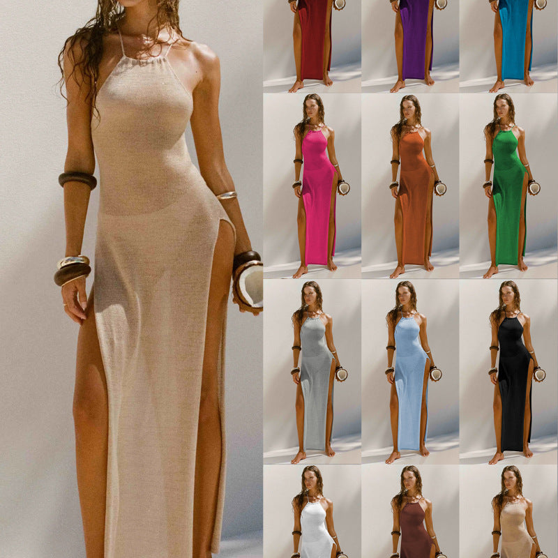 Women's Sexy Strap Split Knit Dress, Sleeveless Crewneck