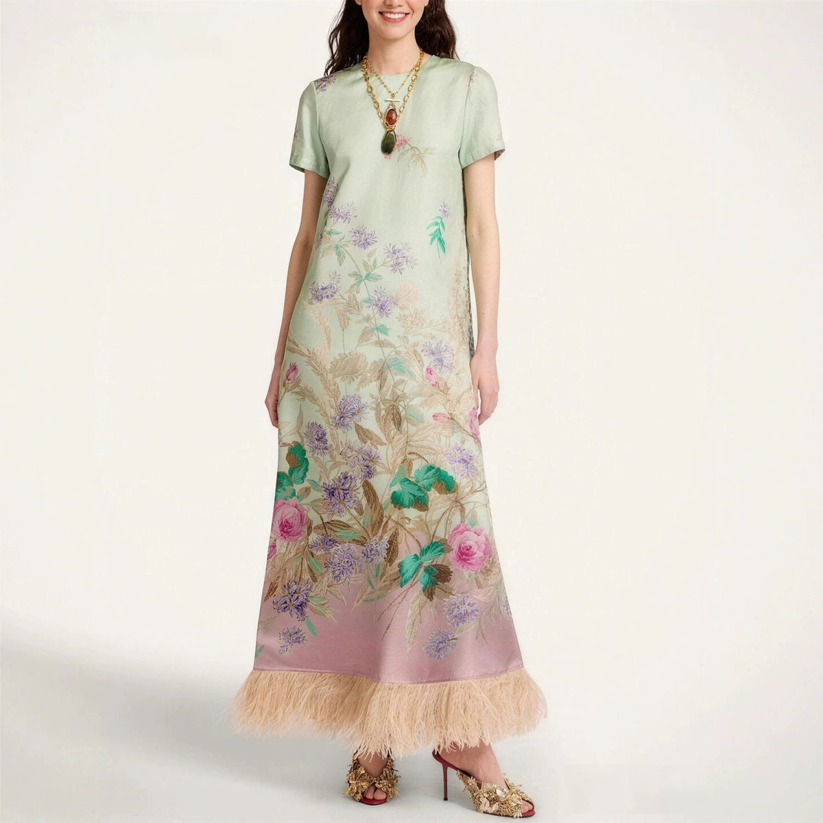 Women's Spring and Positioning Printed Feather Stitching Short Sleeve Dress