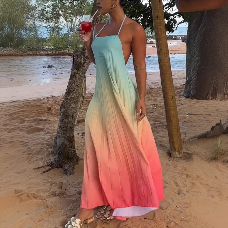 Women's Sexy Gradient Halter-Neck Backless Lace-Up Loose Maxi Dress