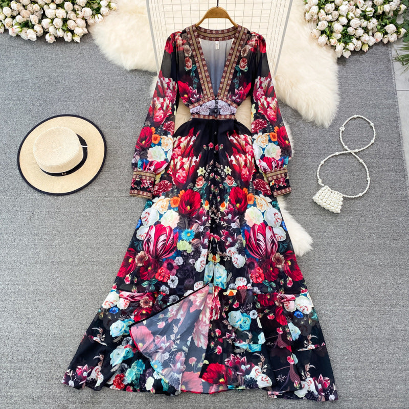 Women's Floral Printed Shirt Dress, with V-Neck